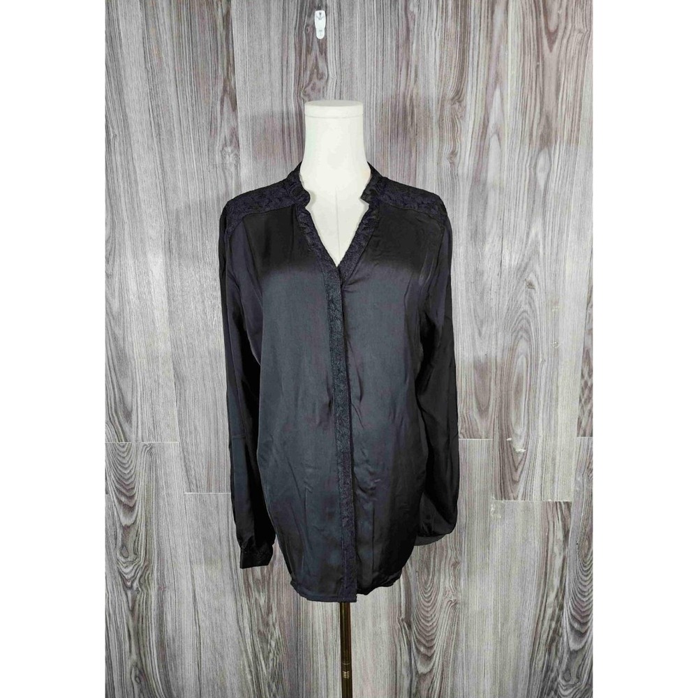 Covington Lace Trim Long Sleeve Blouse Black Onyx XL Satin Split V-Neck Top